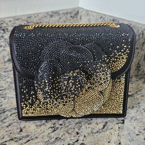 OSCAR DE LA RENTA BLACK GOLD OMBRE CRYSTAL FLOWER CROSSBODY BAG EVENING HANDBAG